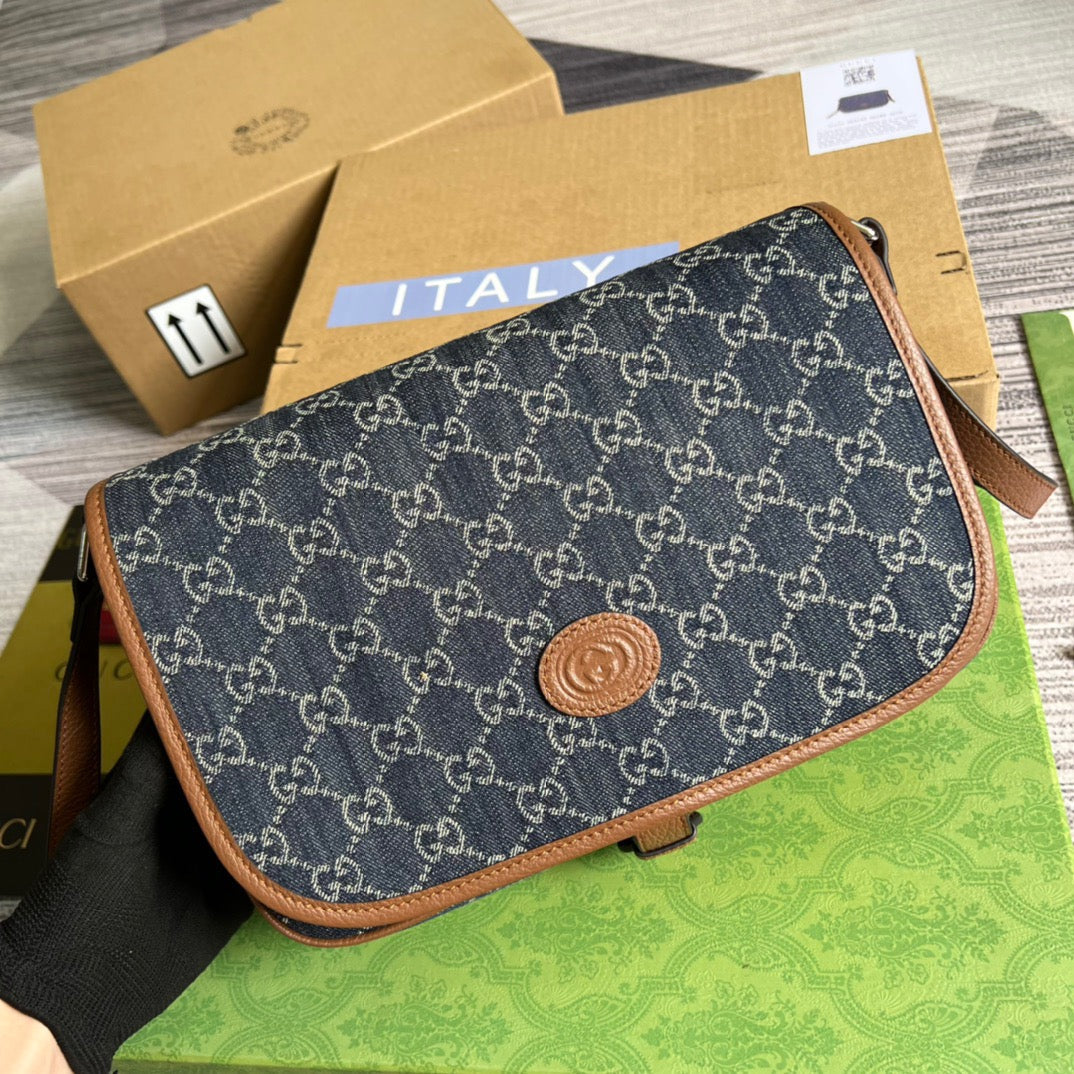 gg Children’s gg Messenger Bag Dark Blue And Ivory Eco Washed Organic gg Jacquard Denim For Women 11.4in/29cm gg