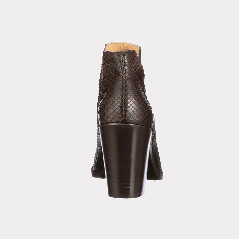 Deep-V Python Pattern Block Heel Chocolate Brown Pointed Toe Boots