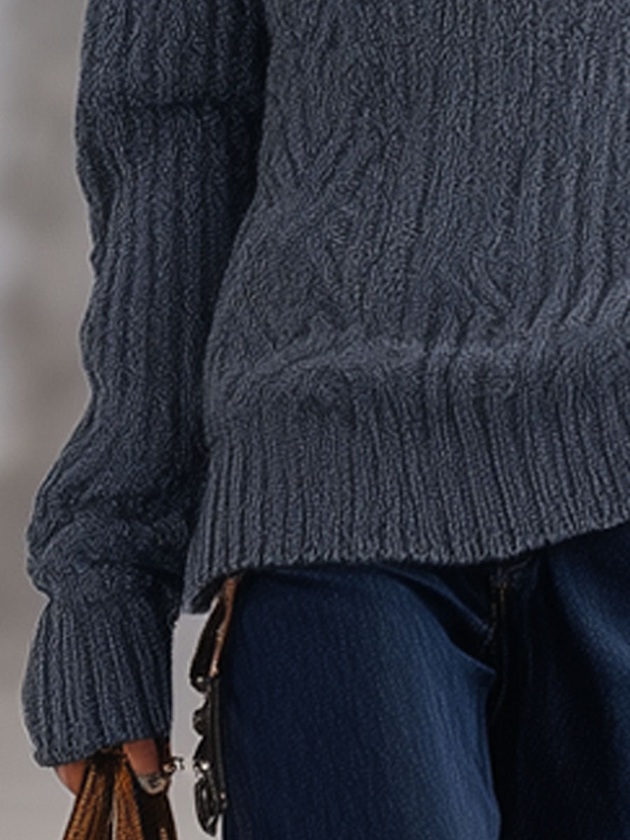 Fashion Retro Gray-Blue Knitted Cable Half-Zip Pullover