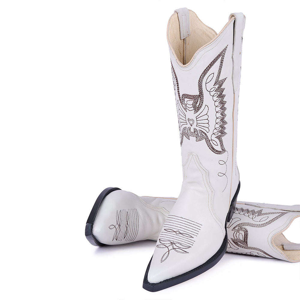 Embroidered Mid-Calf Snip Toe White Western Boots for Women
