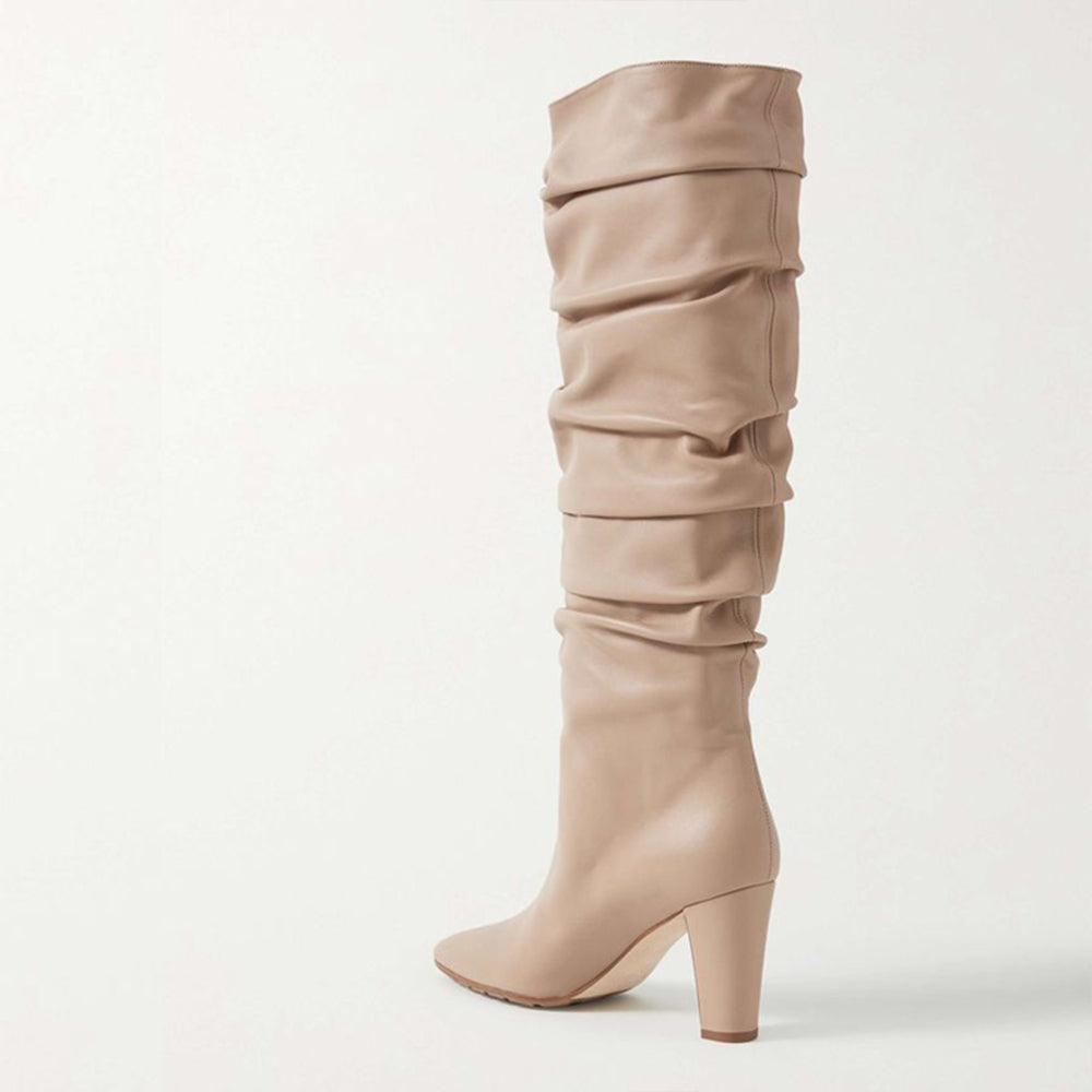Beige Closed Toe Chunky Heel Knee High Winter Boots