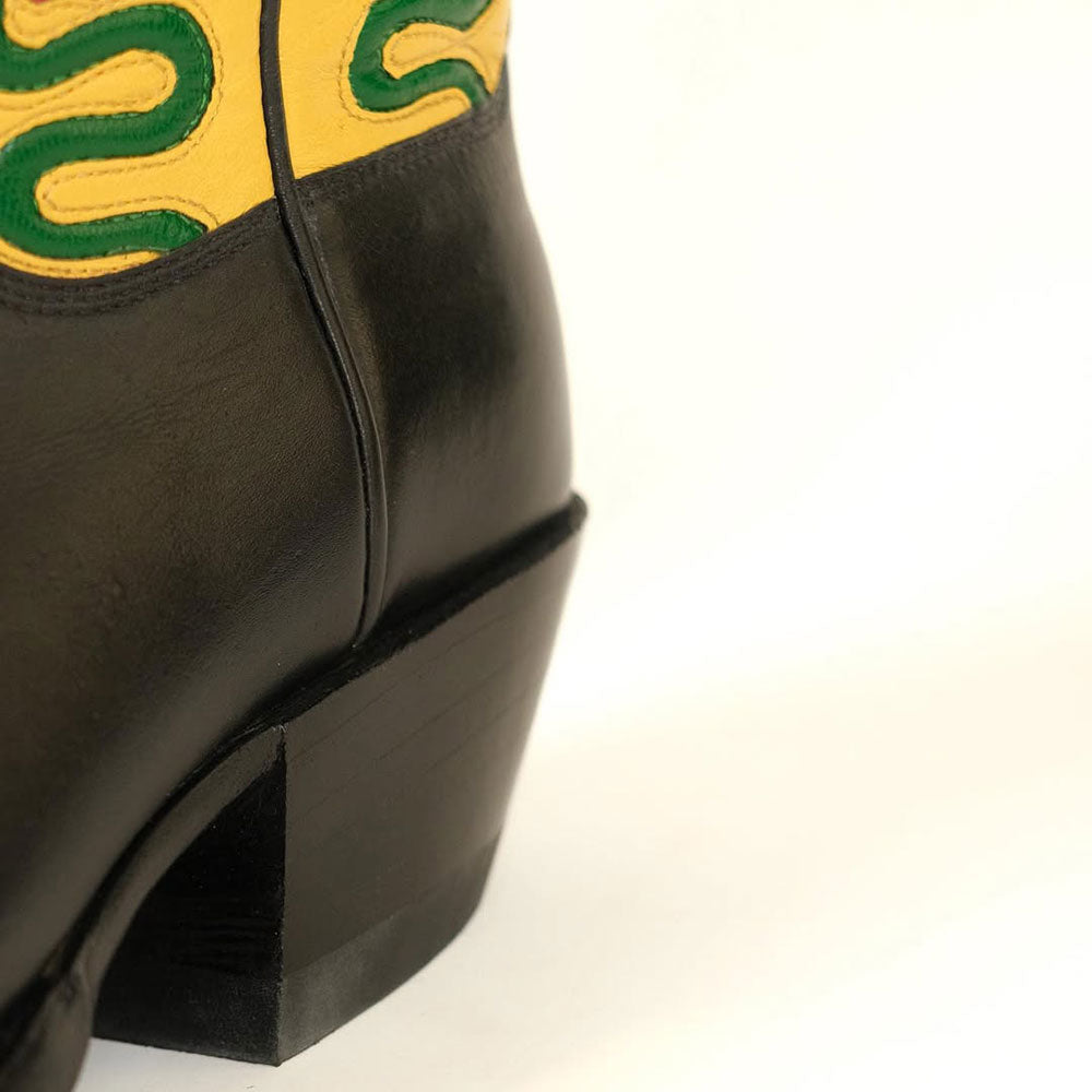 Embroidered Pointed Toe Black & Yellow Cowgirl Booties for Women