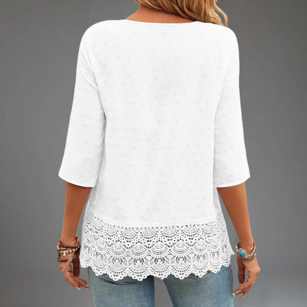 Everyday Swiss Dot V Neck 3/4 Sleeve Guipure Lace Blouse