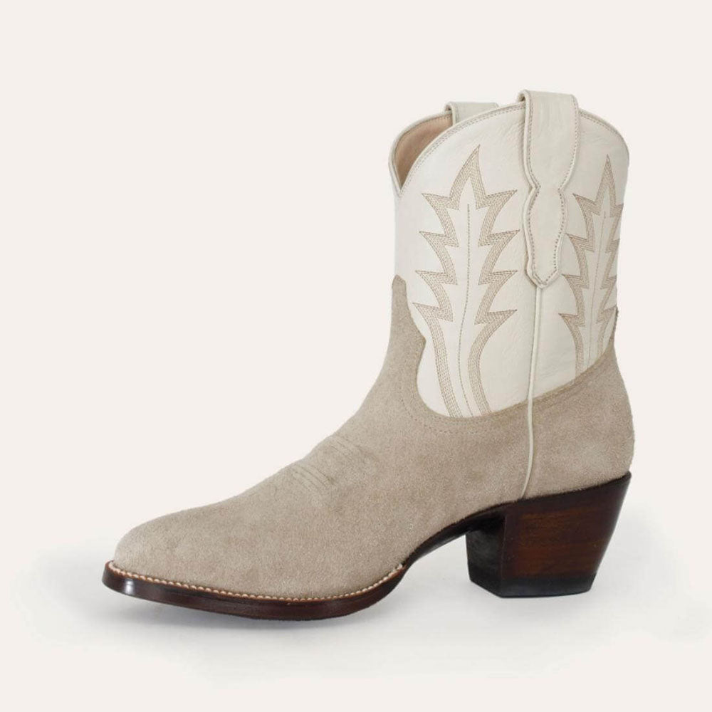 Beige & White Faux Suede Round Toe Chunky Heel Cowgirl Ankle Boots