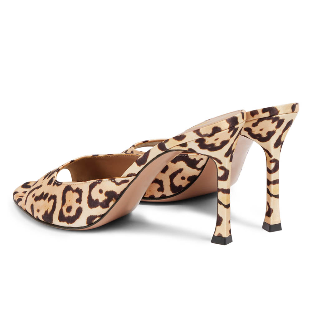 Elegant Satin Leopard Print Square Toe Nude Stiletto High Heel Mules