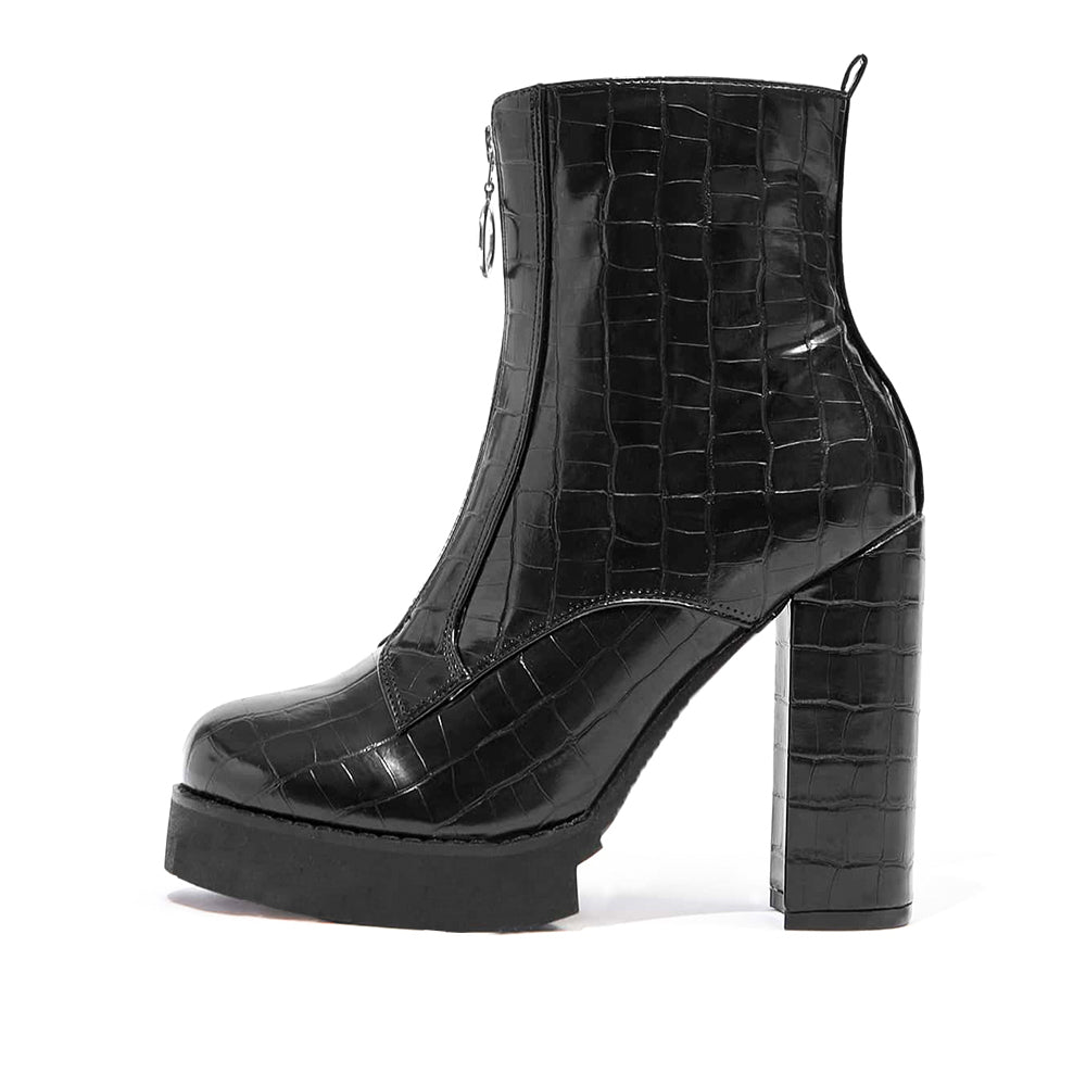 Full Black Croco Embossed Chunky Heel Platform Ankle Boots with Zip