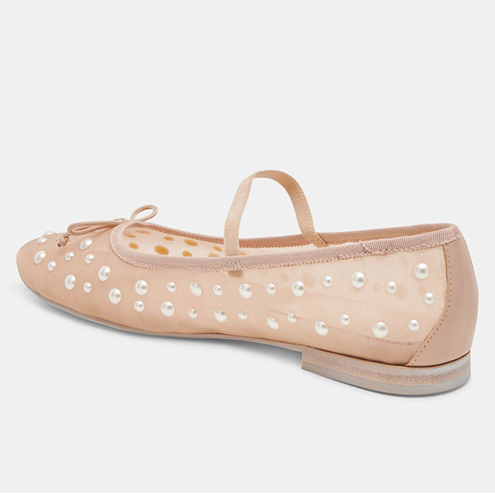 Beige Mesh Round Toe Flat Pearl Sophisticated Embellished Ballet Shoes