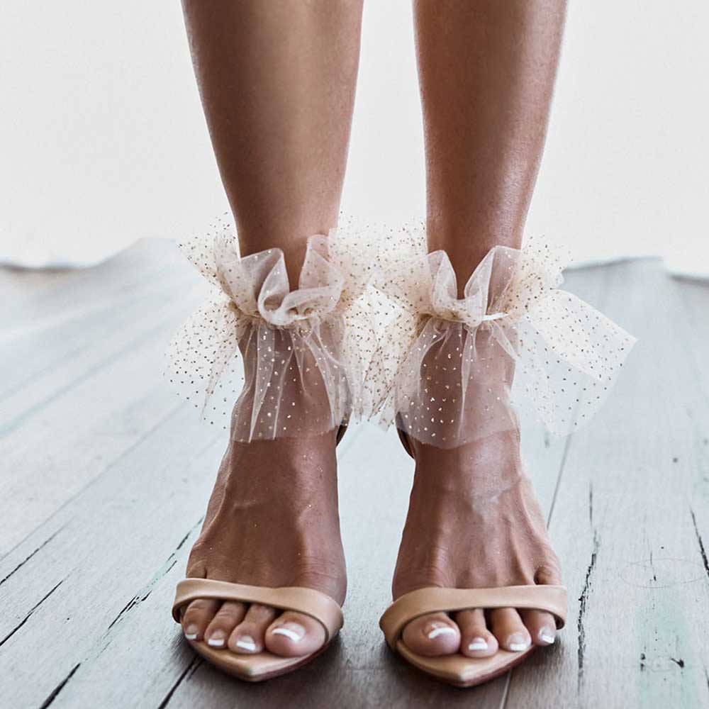 Beige Pointed Toe 3'' Stiletto Heel Mesh Flared Ankle Strap Sandals