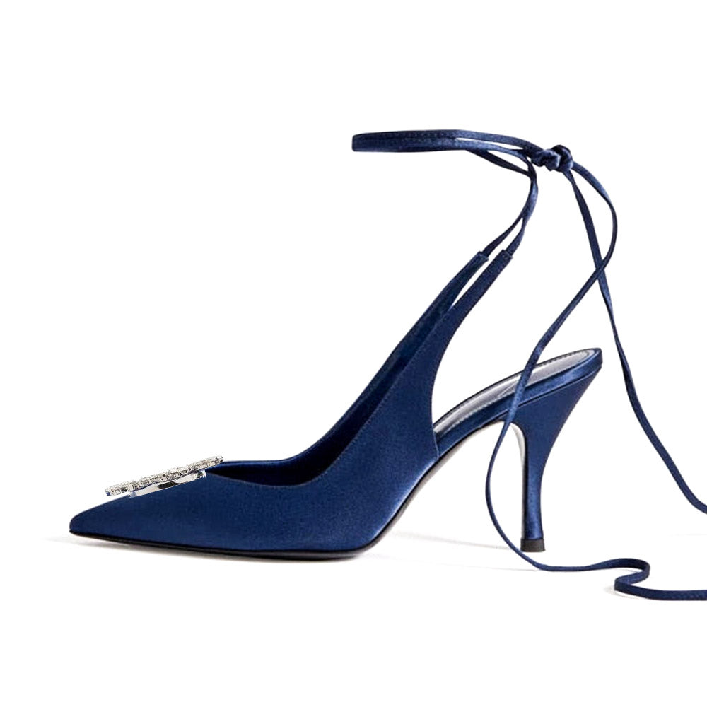 Elegant Satin Pointed Toe Rhinestone Stiletto Lace Up Pumps for Women