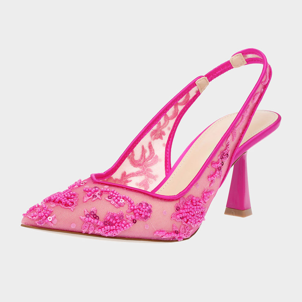 Fuchsia Mesh Beads Sequins Pointed Toe Flared Heel Slingback Shoes