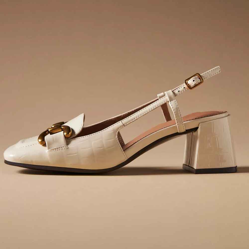 Beige Patent Leather Square Toe Chunky Heel Slingback Pumps