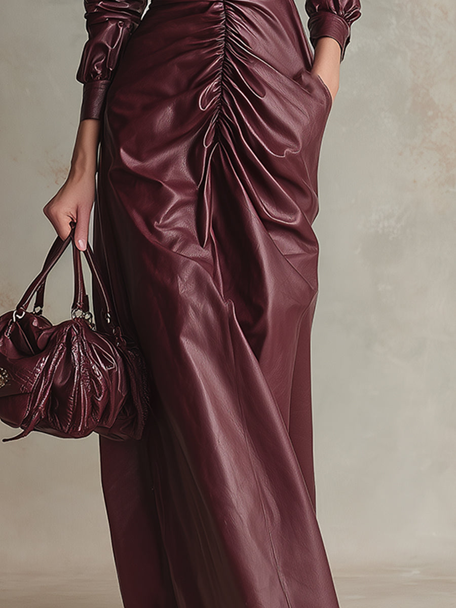 Elegant Burgundy Red Faux Leather Pleated Waist Long Sleeve Maxi Dress
