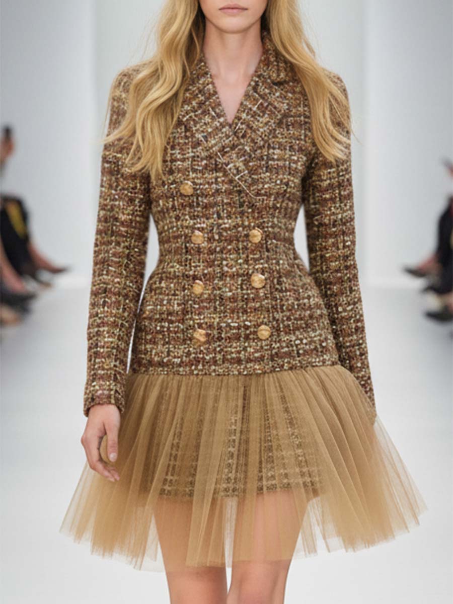 Elegant Retro Double-breasted Mesh And Tweed Mini Dress