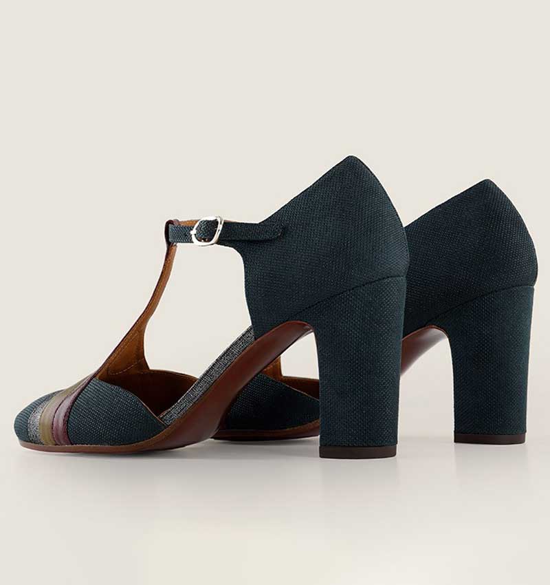 Dark Teal Buckle T-Strap Chunky Heel Pumps Shoes with Colorful Stripes