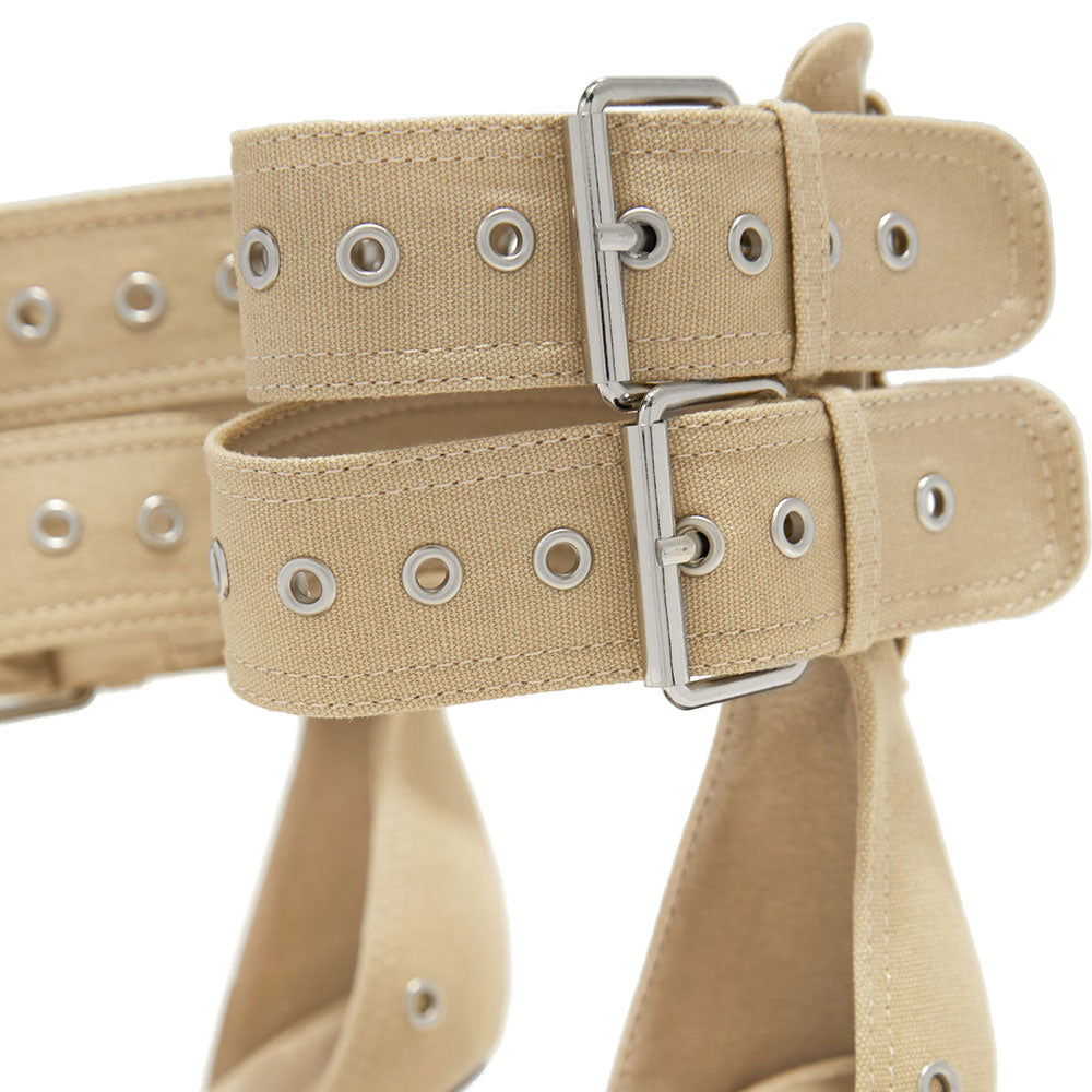 Beige Pointy Toe 4'' Metallic Heel Buckle Studded Strappy Pumps