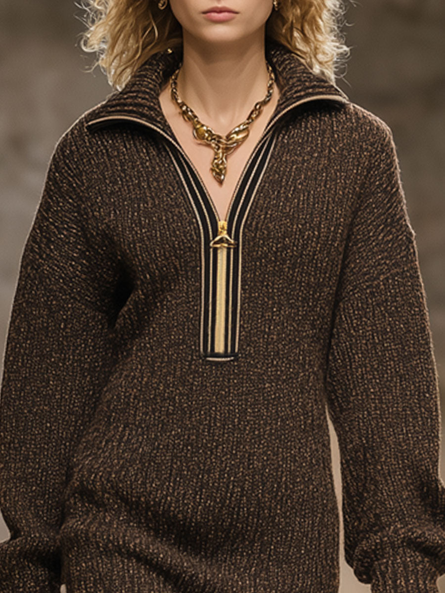 Fashion Loose Vintage Cocoa Brown Knit Zipper Mini Dress