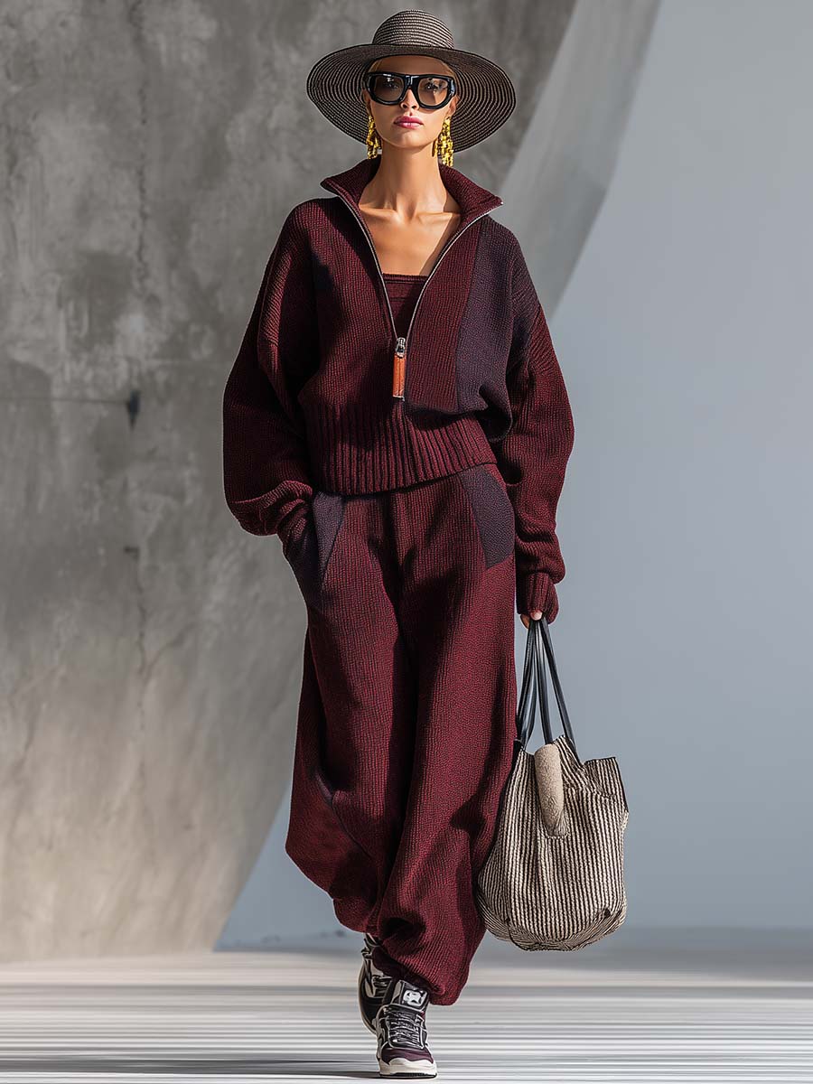 Exquisite Casual And Comfortable Maroon Knitted Lapel Front Zipper Sweatshirt And Pants Set