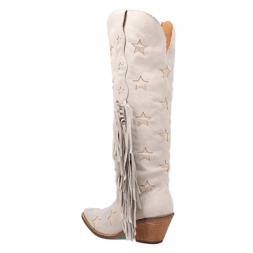Beige Snip Toe Chunky Heel Fringe Knee-High Cowboy Boots for Women