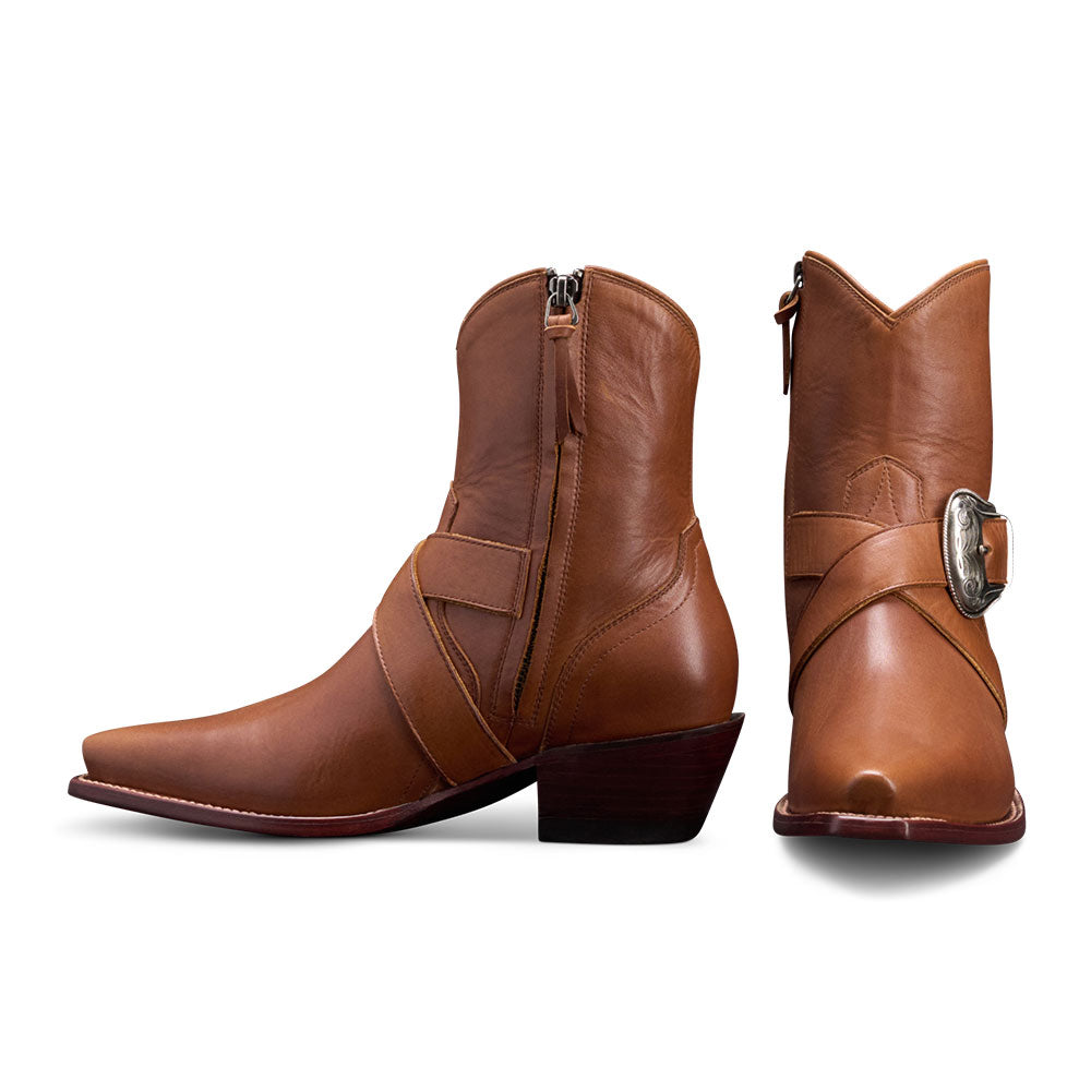 Elegant Snip Toe Criss-Cross Strap Ankle Length Cowgirl Boots in Brown