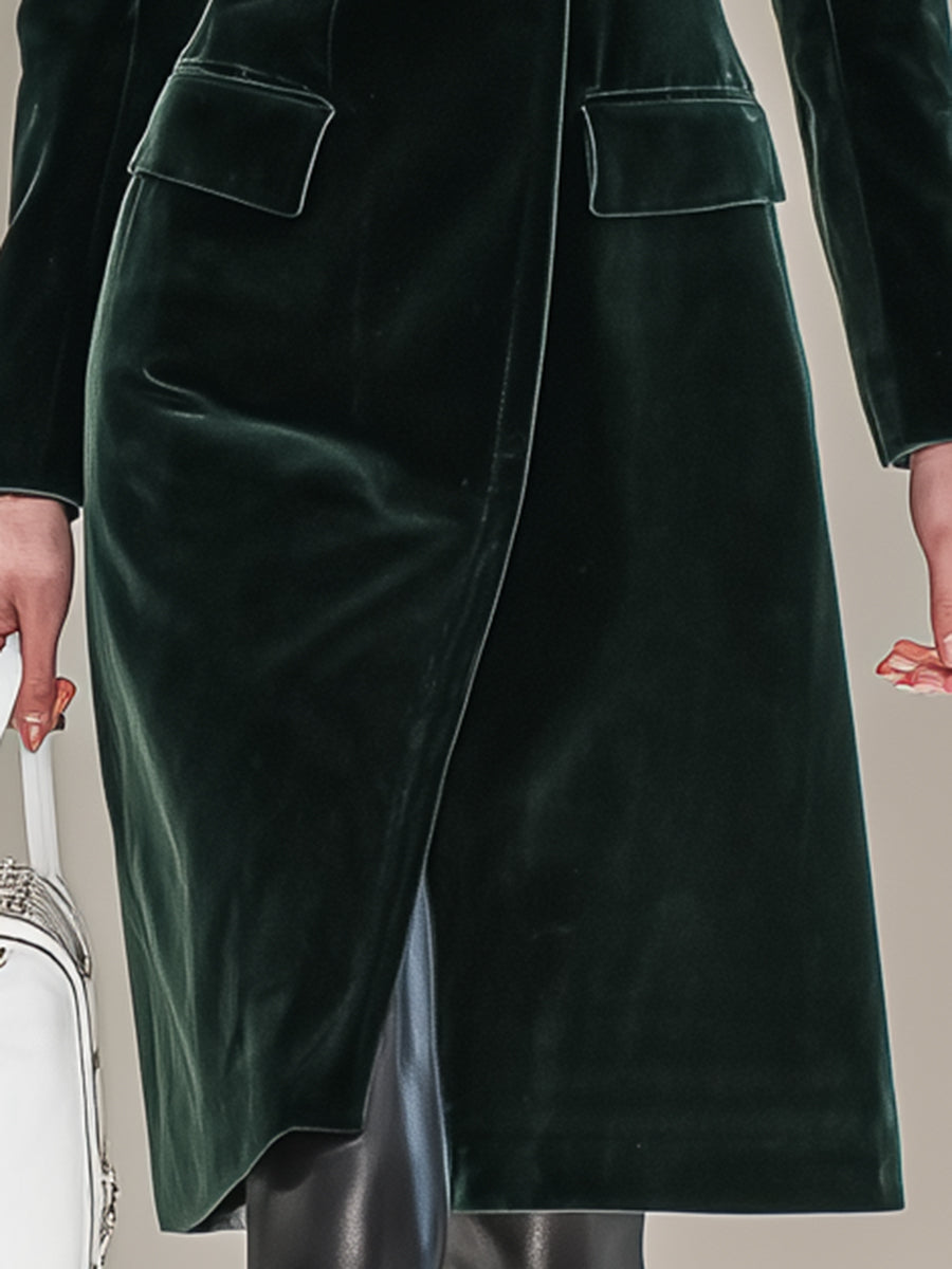 Dark Green Velvet Button-down Mid-length Coat