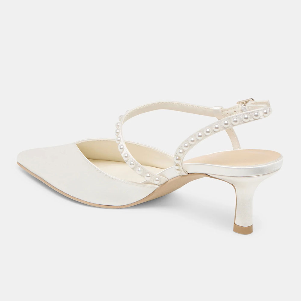 Elegant White Satin Pointed Toe Pearl Ankle Strap Wedding Heels