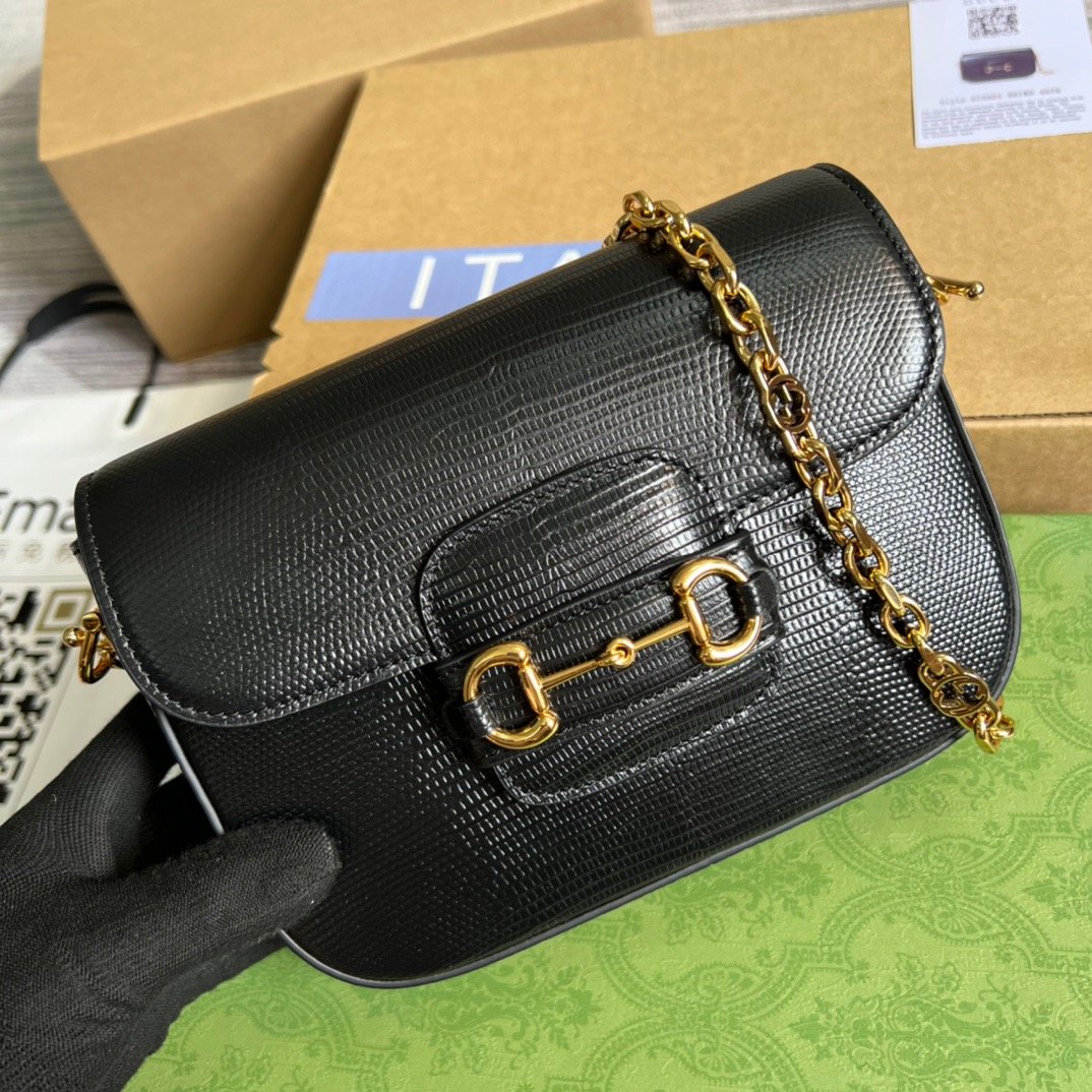 gg Horsebit 1955 Lizard Mini Bag Black For Women, Women’s Bags 8in/20cm gg