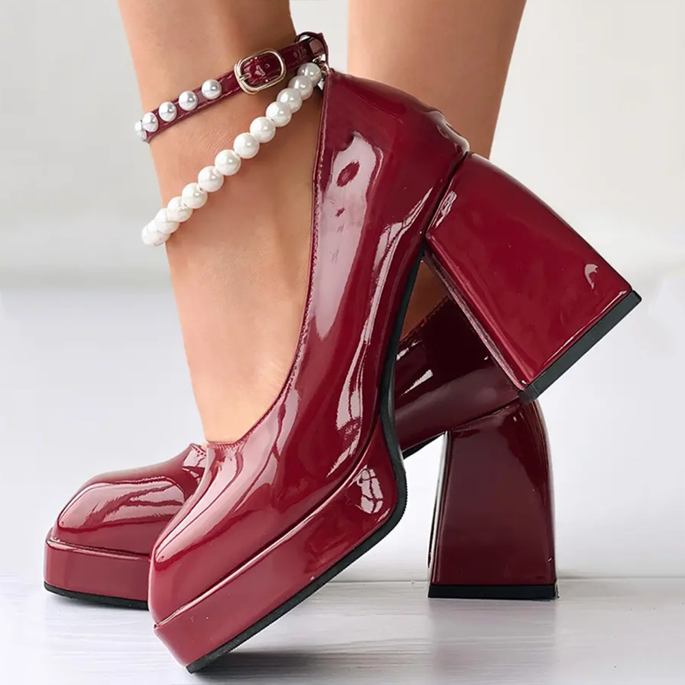 Full Color Patent Leather Platform Mary Janes Pearl Ankle Strap Chunky Heels