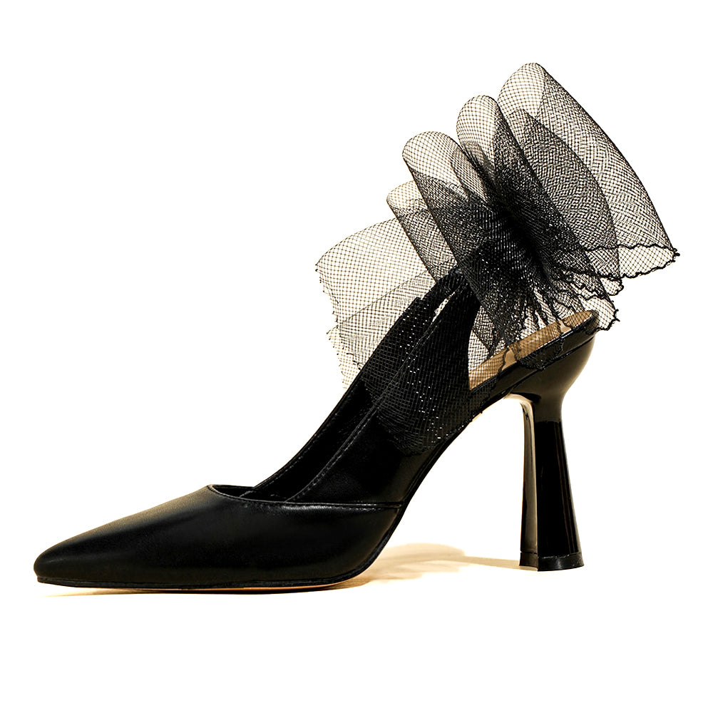 Elegant Black Pointed Toe Flared Heel Slingback Pumps with Mesh Bow