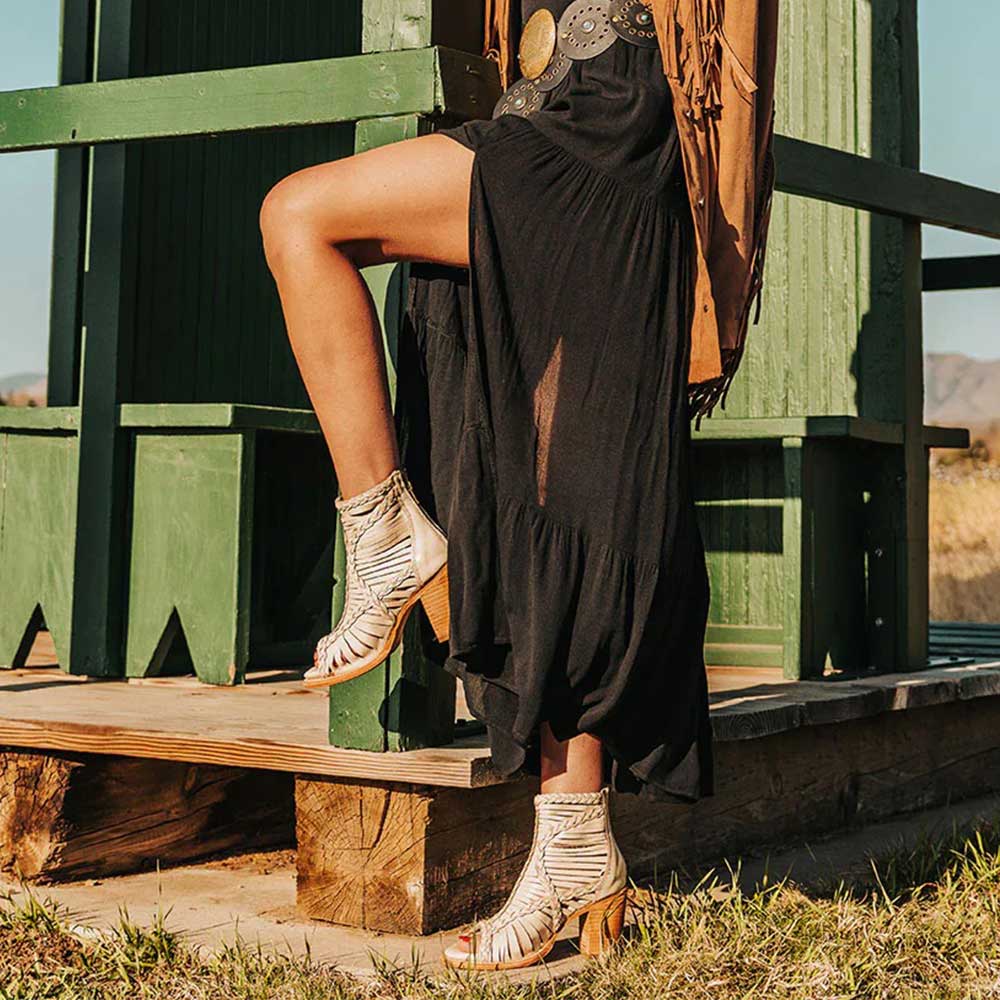 Beige Braided Hollow-Out Peep Toe Chunky Heel Ankle Boots with Zipper