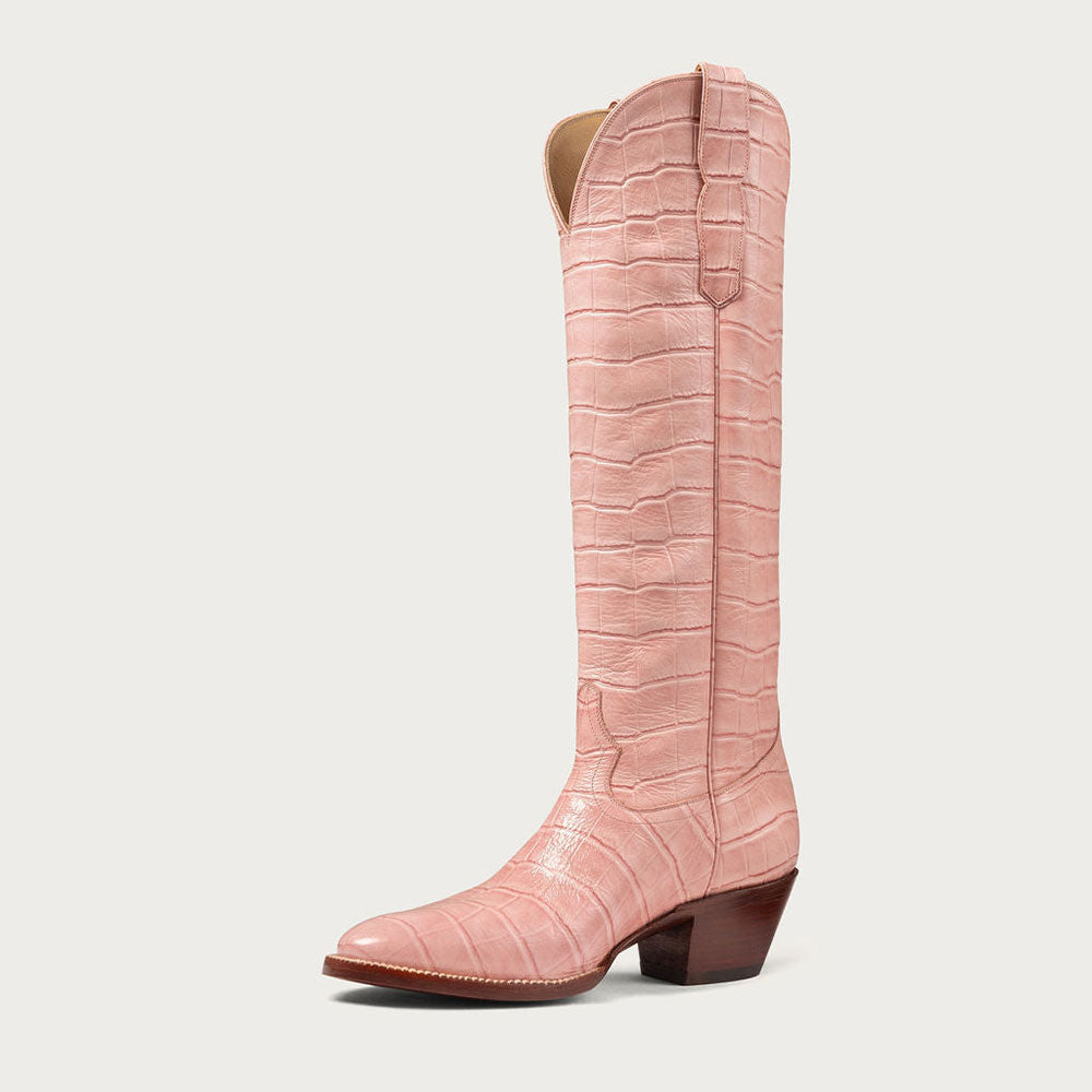 Embossed Low Block Heel Knee High Pink Cowboy Boots for Women