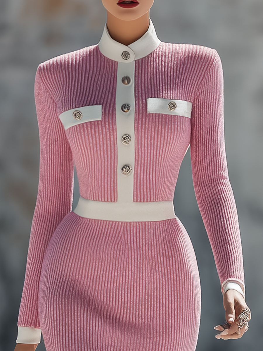Elegant Contrast Trim Long Sleeve Knitted Midi Dress