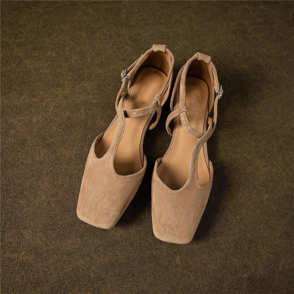 Beige Faux Suede Closed Toe Chunky Heel Strappy Pumps
