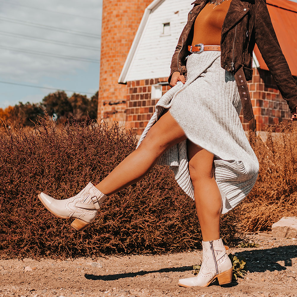 Beige Snip Toe Block Heel Studded Vintage Western Booties