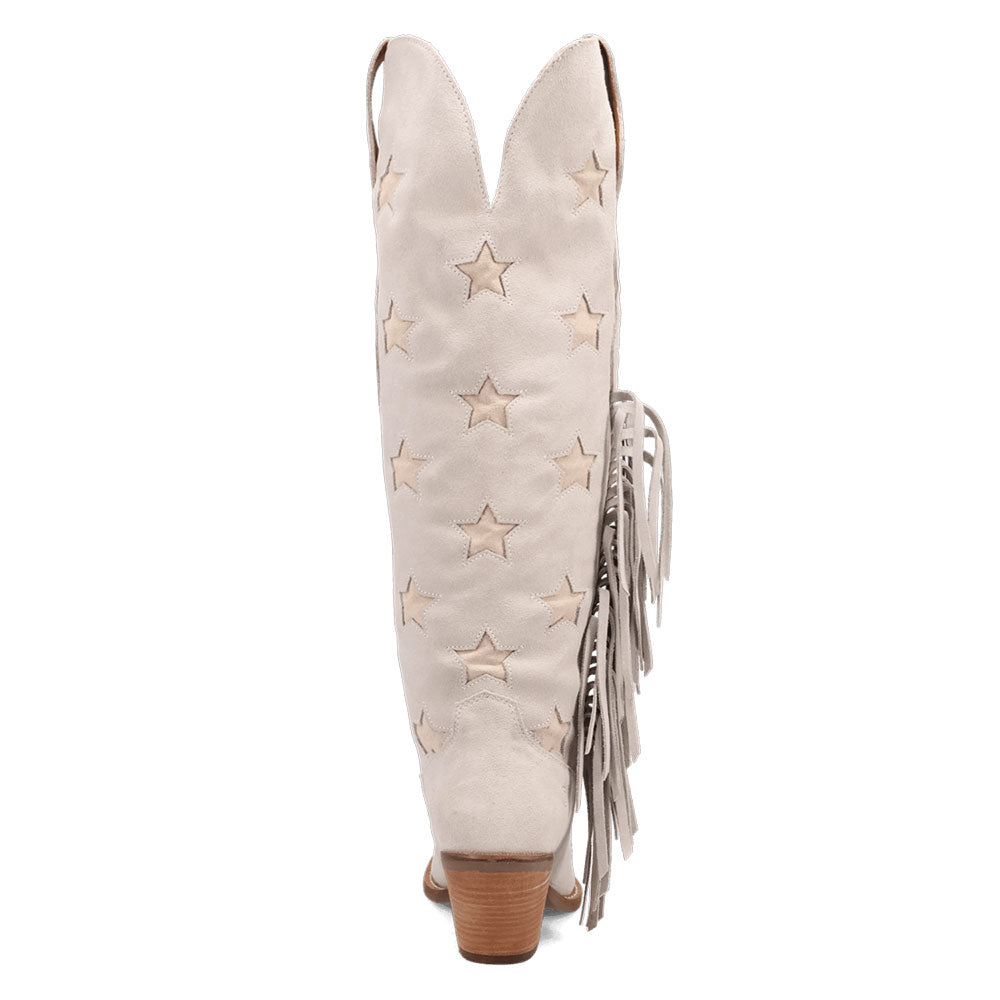 Beige Snip Toe Chunky Heel Fringe Knee-High Cowboy Boots for Women