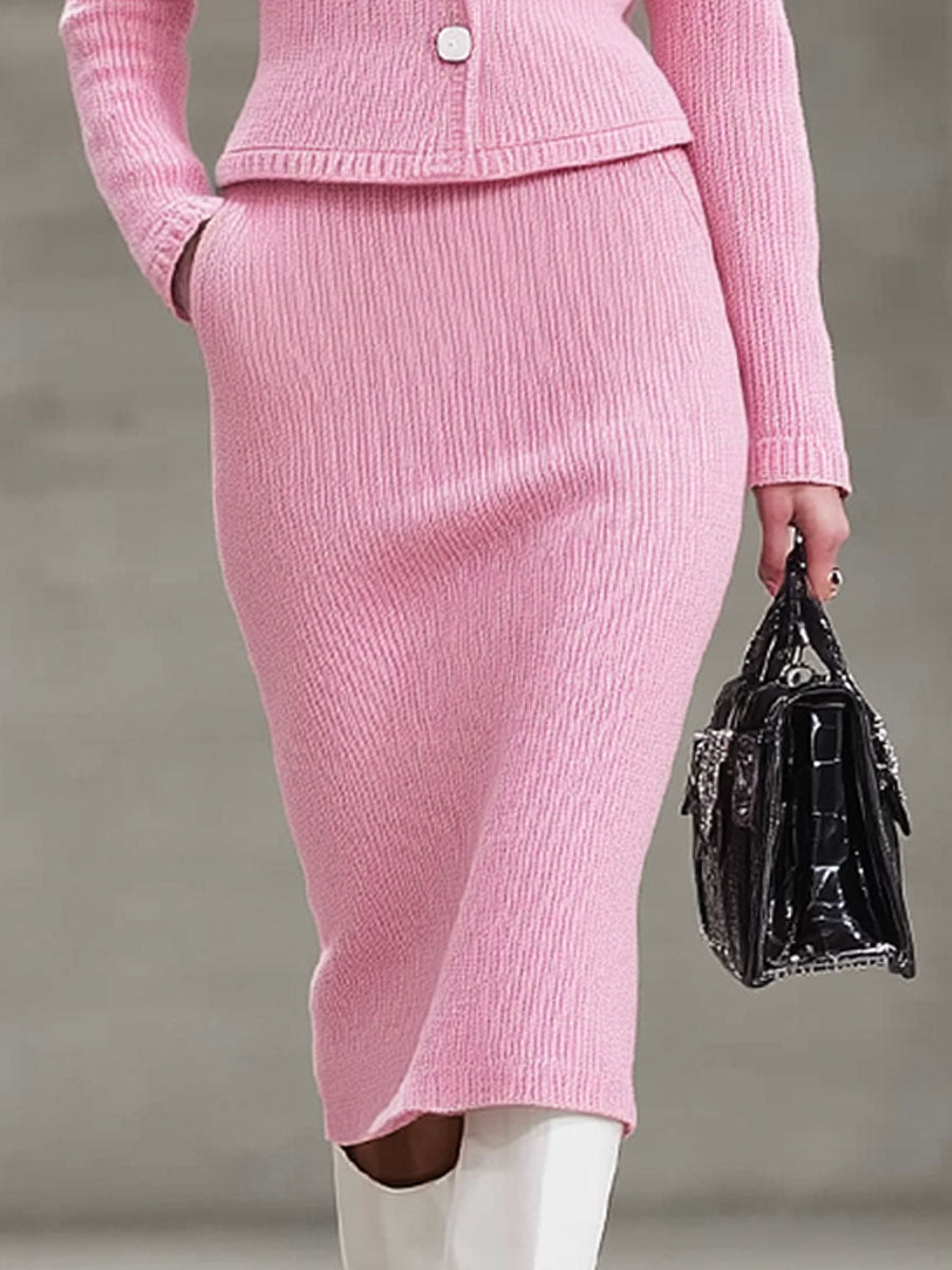 Elegant V-neck Knitted Cardigan And Skirt Set