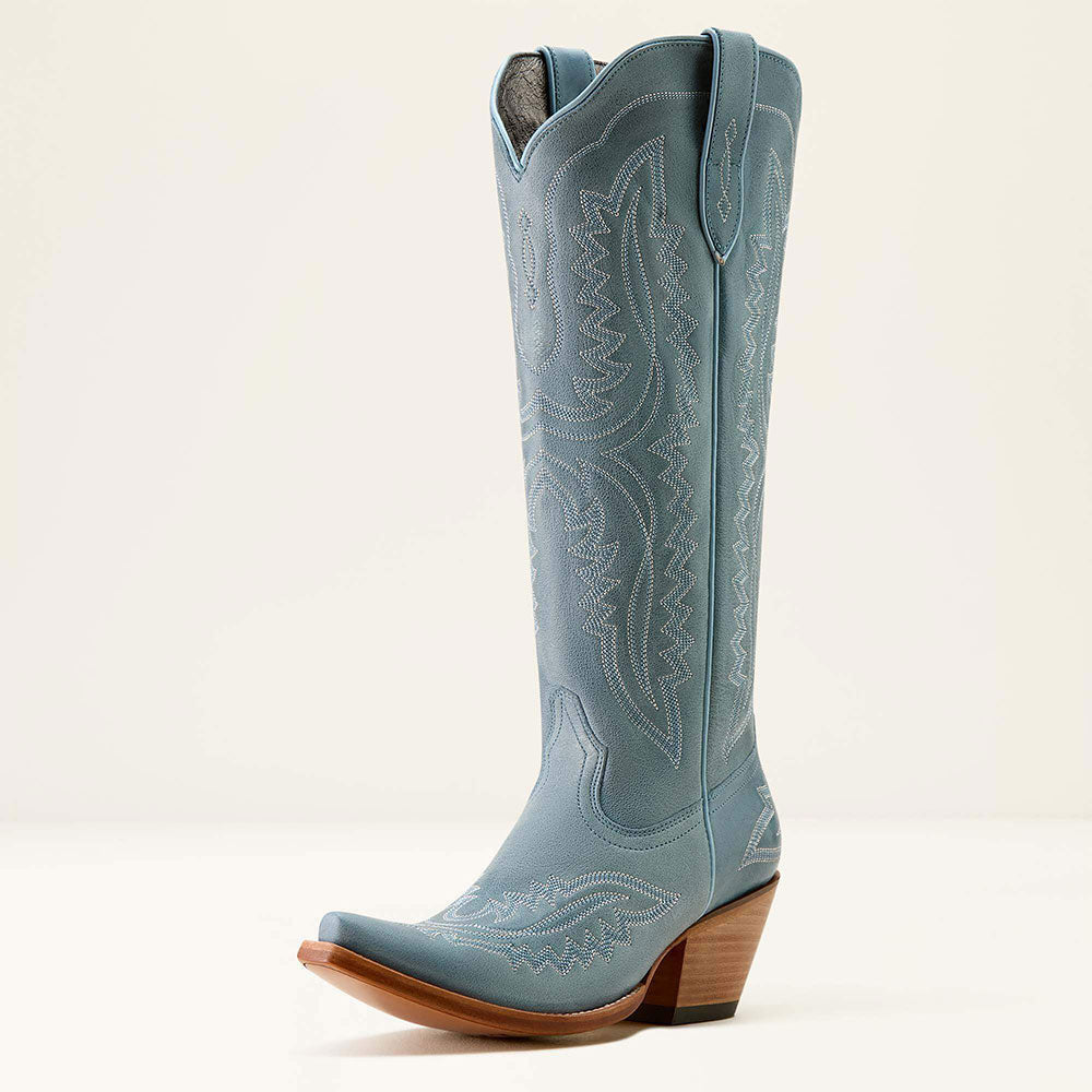 Embroidered Wing Snip Toe Mid Heel Greyish Blue Cowboy Boots for Women