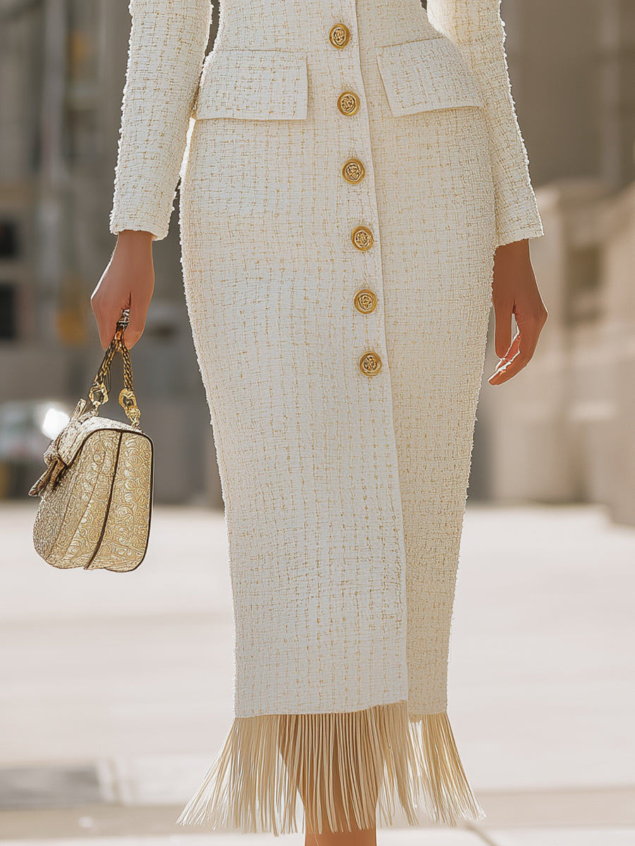 Elegant Tweed V - Neck Fringed Dress