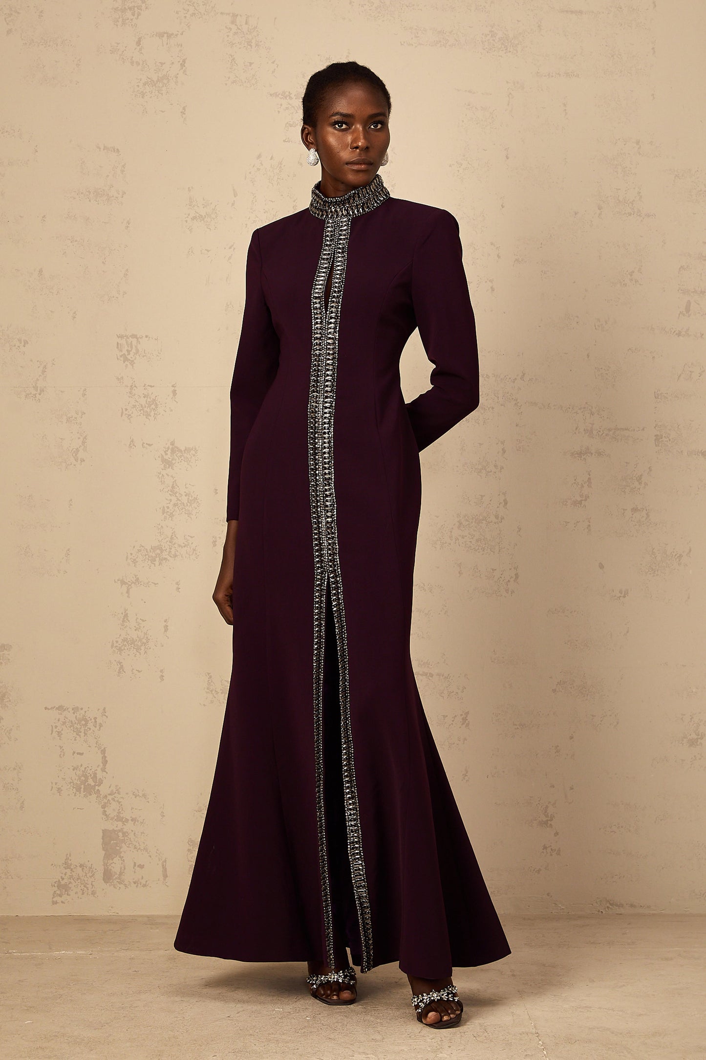 Maëlie Burgundy Embellished Flared Maxi Dress