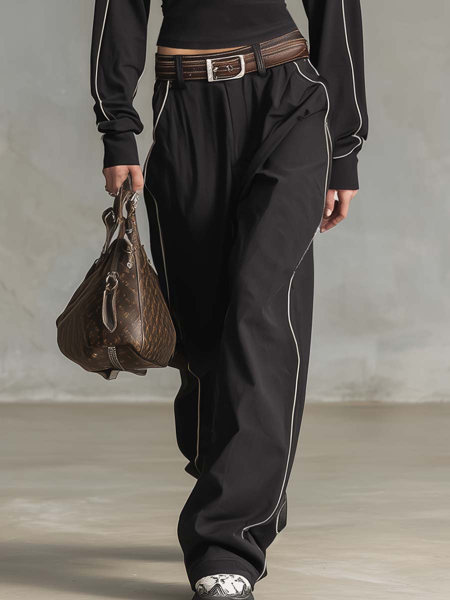 Exquisite And Fashionable Black Sports Cotton Front Zipper White Piping Top And Pants Set