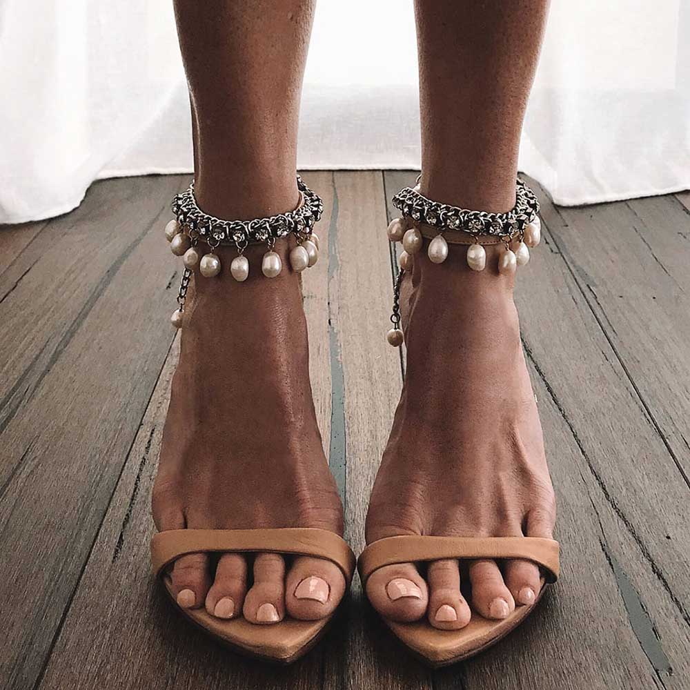 Beige Pointed Toe 3'' Stiletto Heel Buckled Ankle Strap Sandals