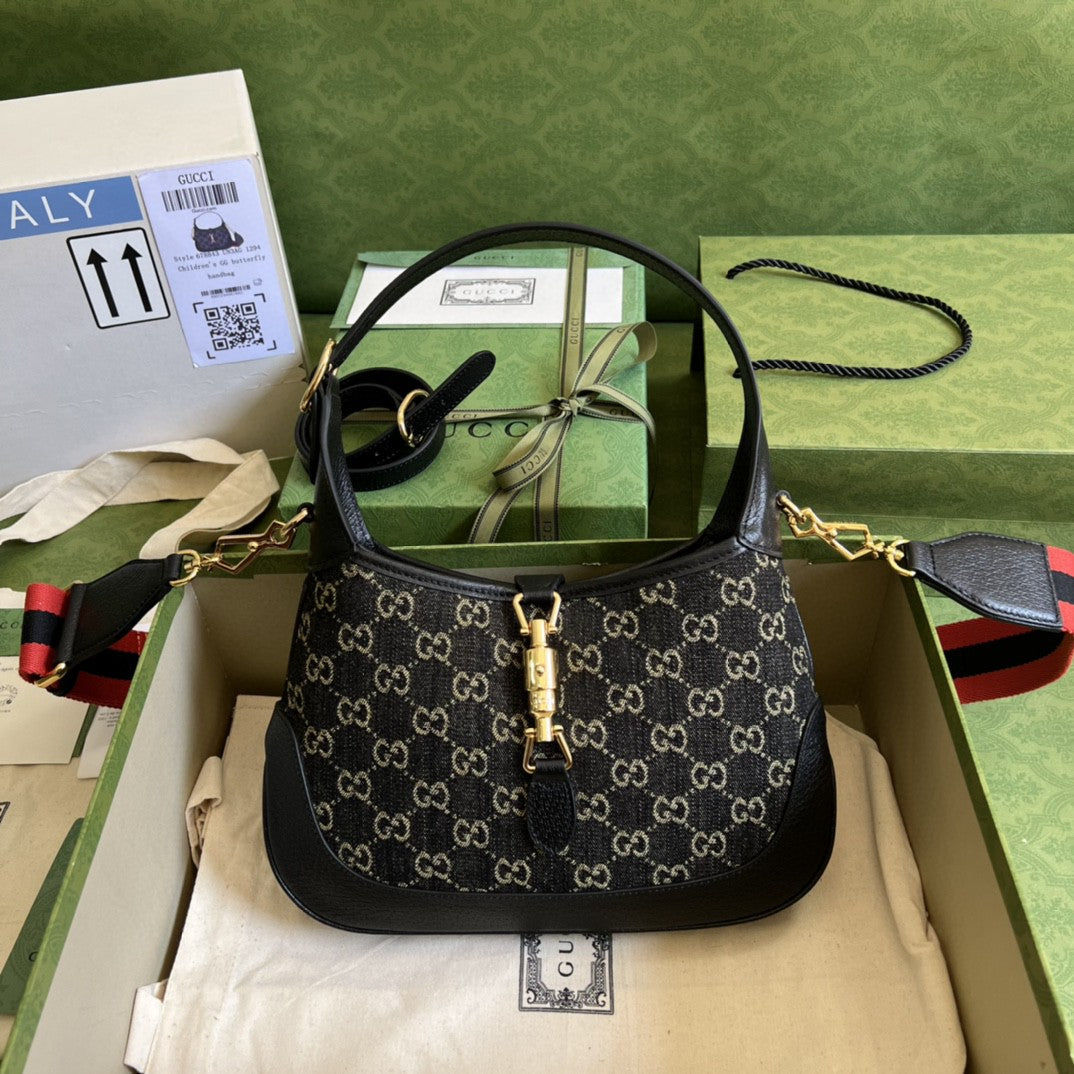 gg Jackie 1961 Small Shoulder Bag Black And Ivory gg Denim Jacquard For Women 11in/28cm 678843 UN3AG 1294