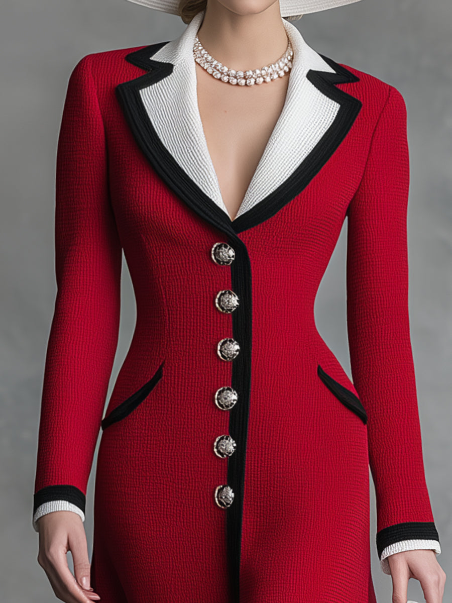 Elegant And Romantic Lapel Red A-line Knitted Midi Dress