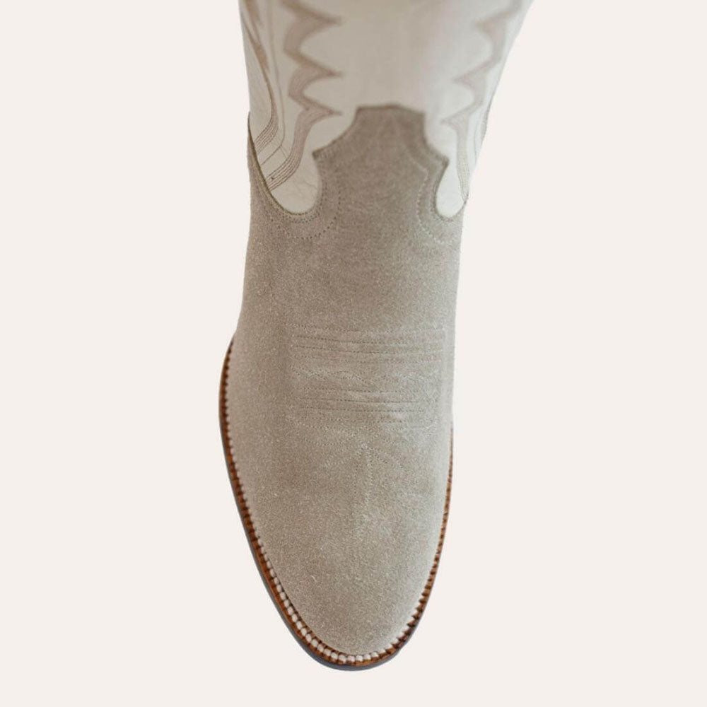 Beige & White Faux Suede Round Toe Chunky Heel Cowgirl Ankle Boots