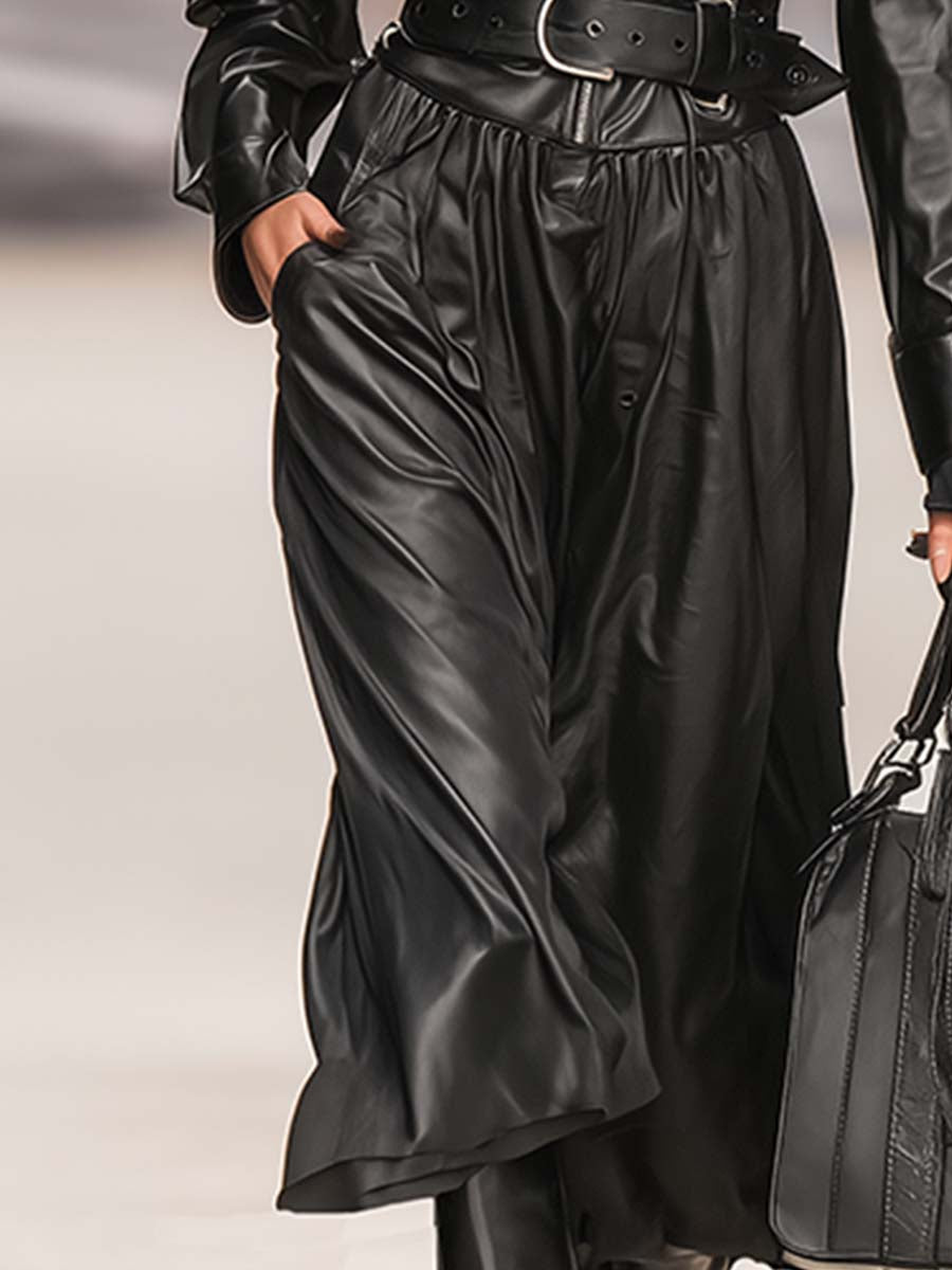 Fashionable Cool Lapel Black Faux Leather Front Zipper Long Sleeve Maxi Dress