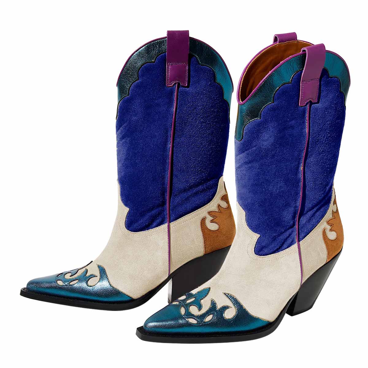 Beige & Dark Blue Pointy Toe Block Heel Mid-Calf Leaf Western Boots
