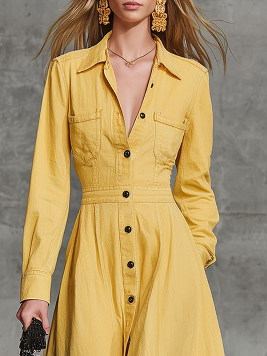 Fashion Retro Long Sleeve Trench Coat Style Yellow Denim Midi Dress