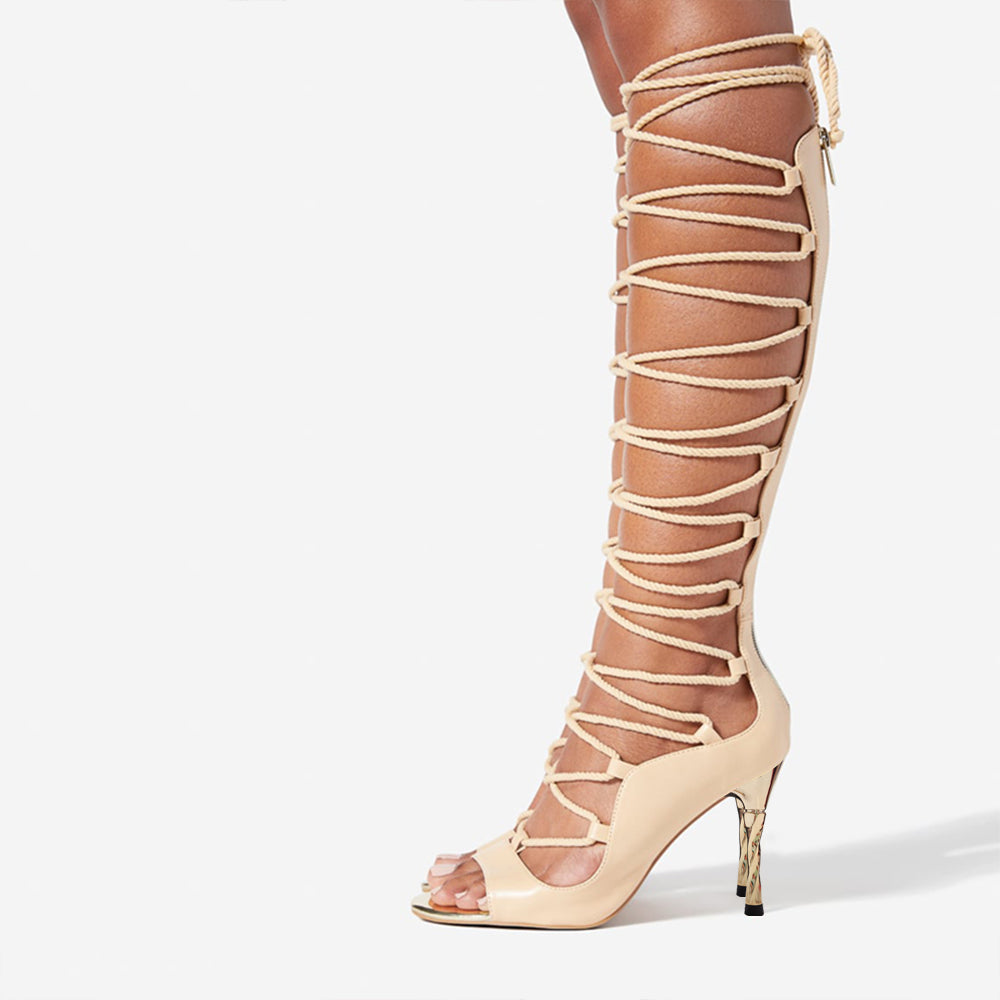 Beige Open Toe 4'' Stiletto Heel Lace Up Gladiator Sandals