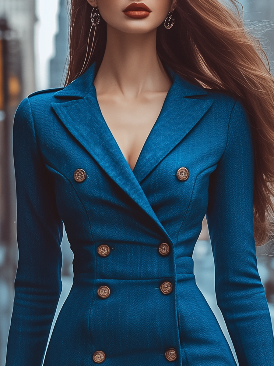 Elegant Vintage Double-Breasted Denim Midi Dress