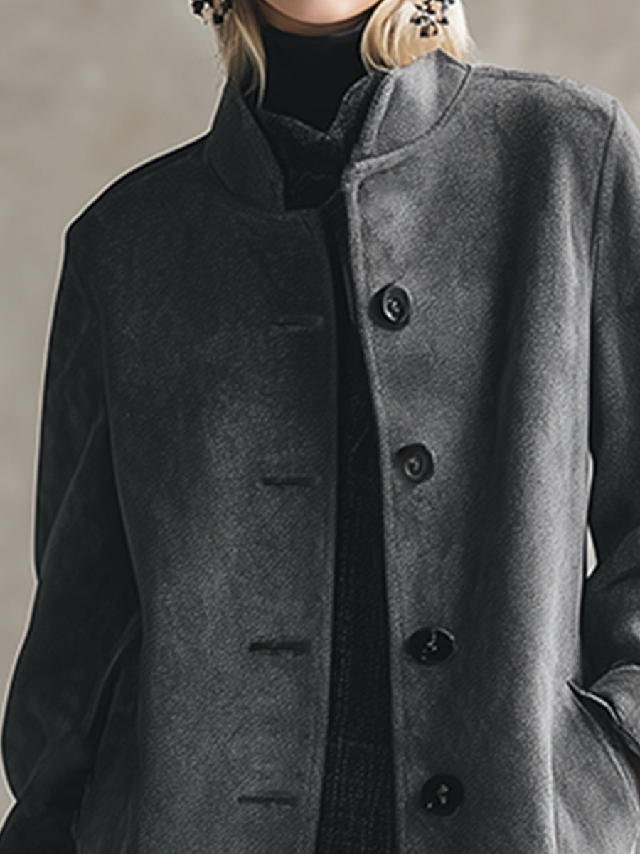Elegant Dark Grey Stand Collar Button Wool Coat