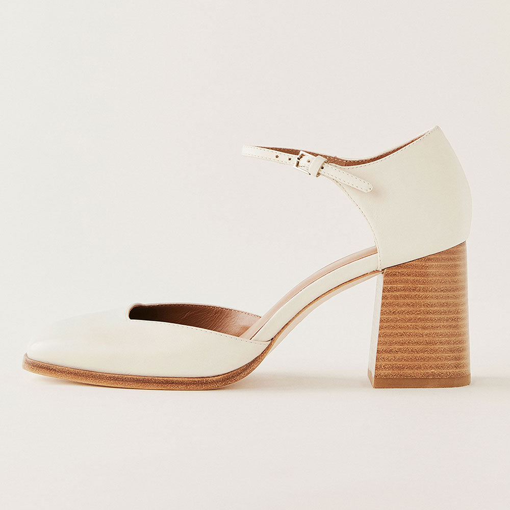 Beige Closed Square Toe Block Heel Pumps with Buckled Ankle Strap